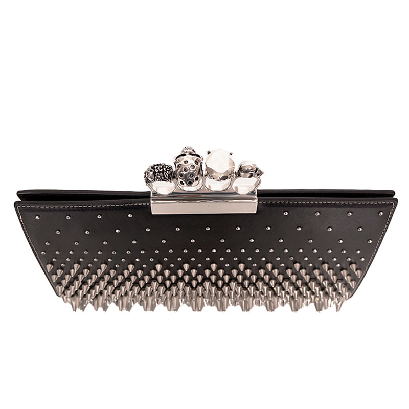 NEW $2990 ALEXANDER MCQUEEN Black SILVER SPIKE STUDDED KNUCKLE 4 Ring SKULL BAG