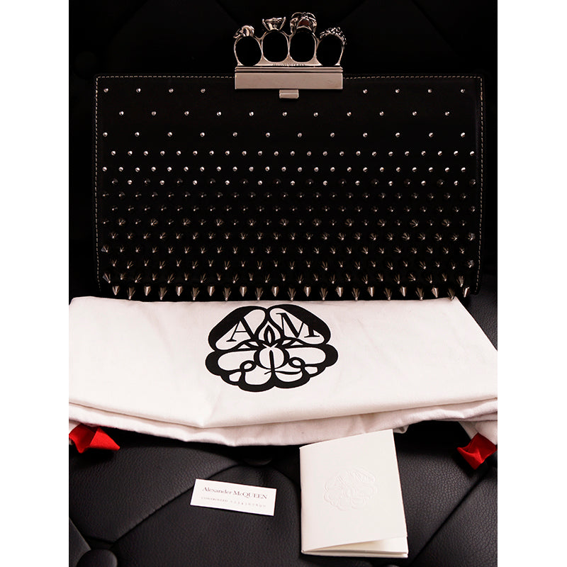 NEW $2990 ALEXANDER MCQUEEN Black SILVER SPIKE STUDDED KNUCKLE 4 Ring SKULL BAG