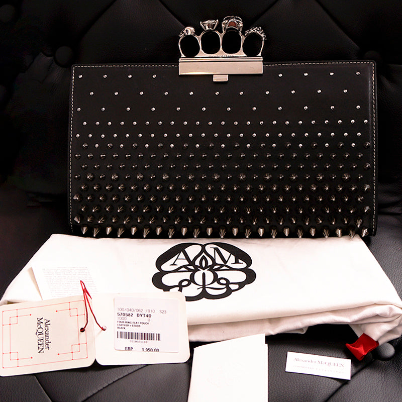 NEW $2990 ALEXANDER MCQUEEN Black SILVER SPIKE STUDDED KNUCKLE 4 Ring SKULL BAG