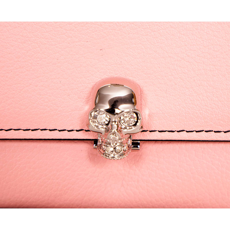NEW $830 ALEXANDER MCQUEEN Pink Leather Silver SKULL Continental LONG WALLET NWT