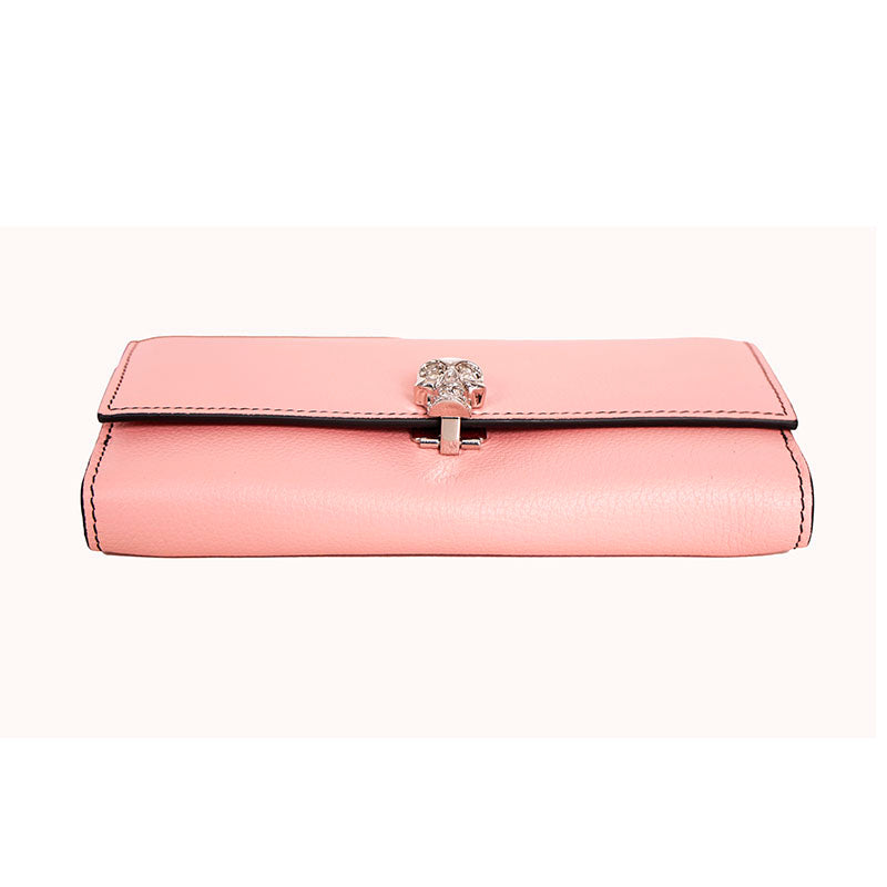 NEW $830 ALEXANDER MCQUEEN Pink Leather Silver SKULL Continental LONG WALLET NWT