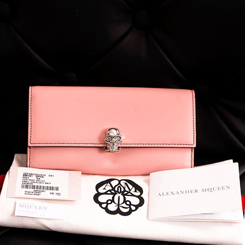 NEW $830 ALEXANDER MCQUEEN Pink Leather Silver SKULL Continental LONG WALLET NWT