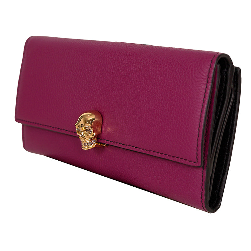 NEW $650 ALEXANDER MCQUEEN Dk Pink Leather Silver SKULL Continental LONG WALLET