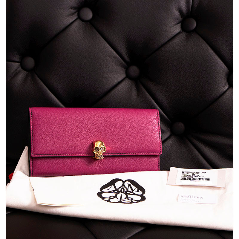 NEW $650 ALEXANDER MCQUEEN Dk Pink Leather Silver SKULL Continental LONG WALLET