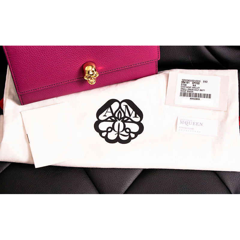 NEW $650 ALEXANDER MCQUEEN Dk Pink Leather Silver SKULL Continental LONG WALLET