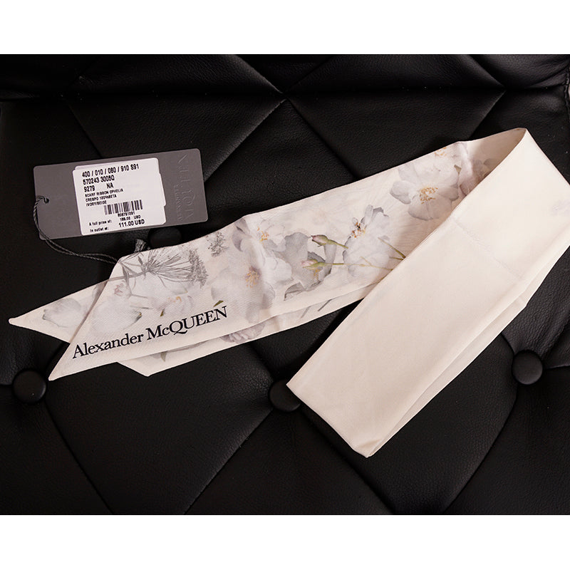 NEW $185 ALEXANDER MCQUEEN Ivory OPHELIA FLORAL PRINT Twill Slender NECK SCARF
