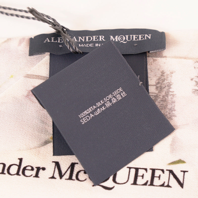 NEW $185 ALEXANDER MCQUEEN Ivory OPHELIA FLORAL PRINT Twill Slender NECK SCARF