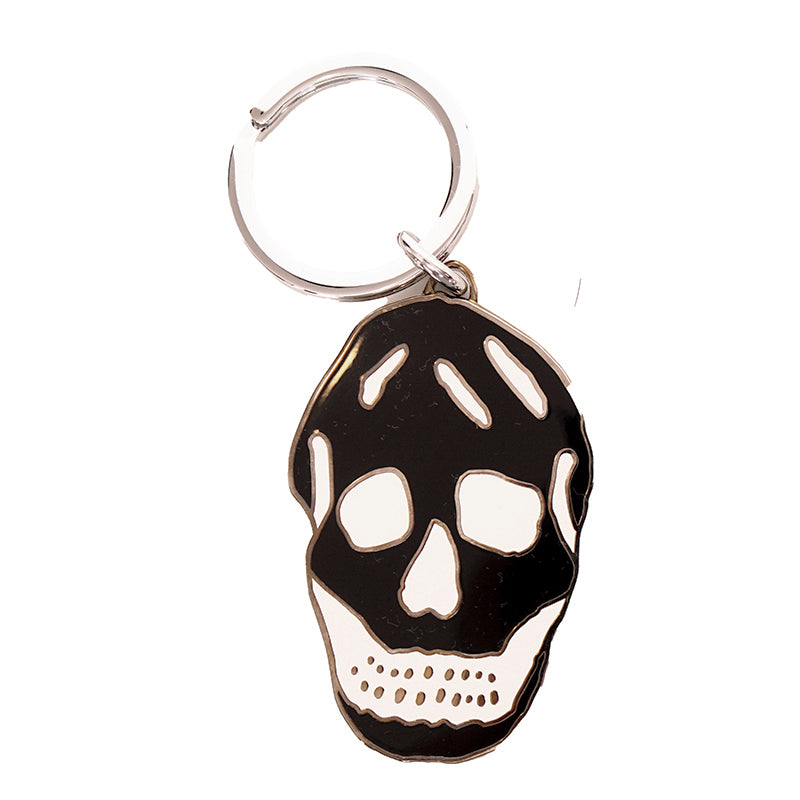 NEW $195 ALEXANDER MCQUEEN Black Enamel & Silver Tone Brass SKULL KEYRING NIB
