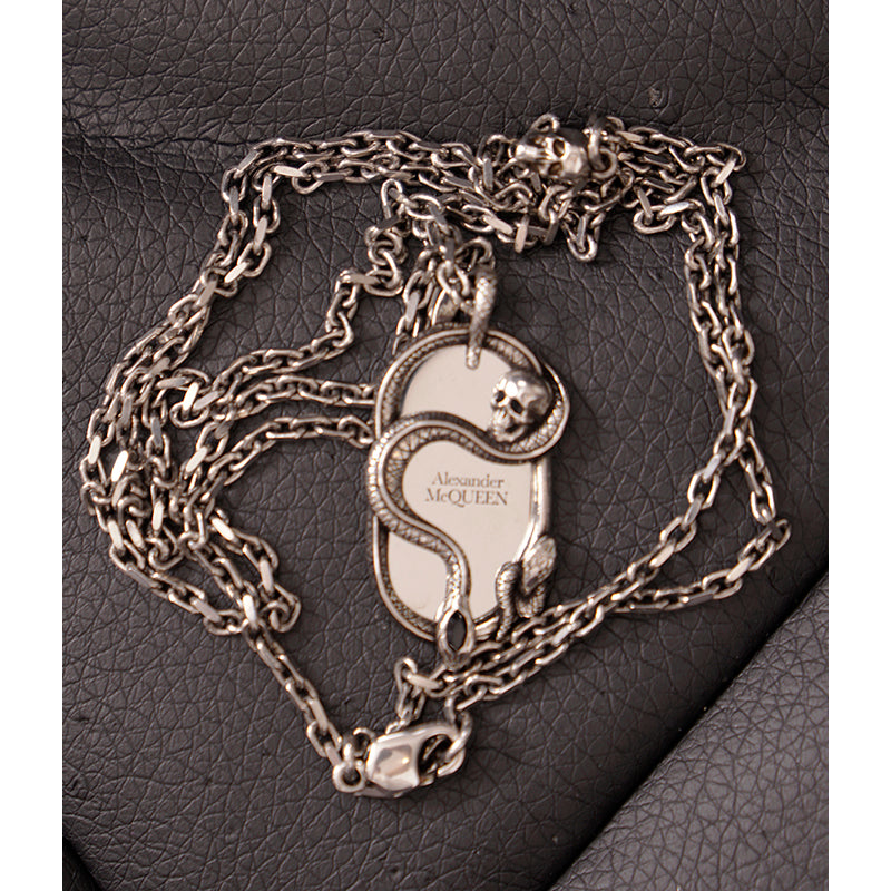 NEW $590 ALEXANDER MCQUEEN Dog Tag SNAKE & SKULL Silver Tone Brass NECKLACE NWT