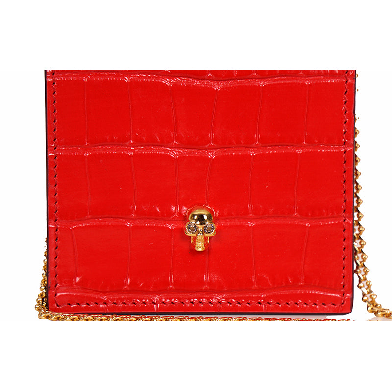 NEW $590 ALEXANDER MCQUEEN Red MINI SKULL Croc Embossed Leather PHONE CASE BAG