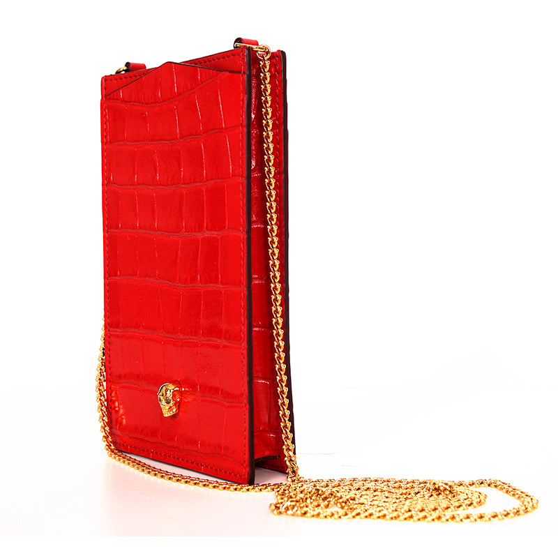 NEW $590 ALEXANDER MCQUEEN Red MINI SKULL Croc Embossed Leather PHONE CASE BAG