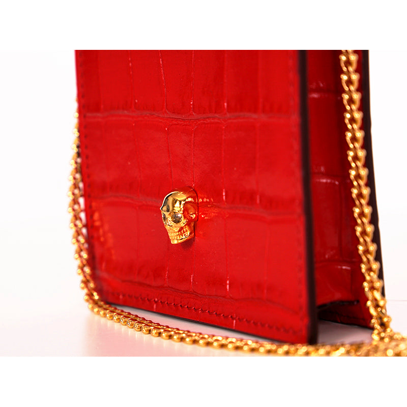NEW $590 ALEXANDER MCQUEEN Red MINI SKULL Croc Embossed Leather PHONE CASE BAG