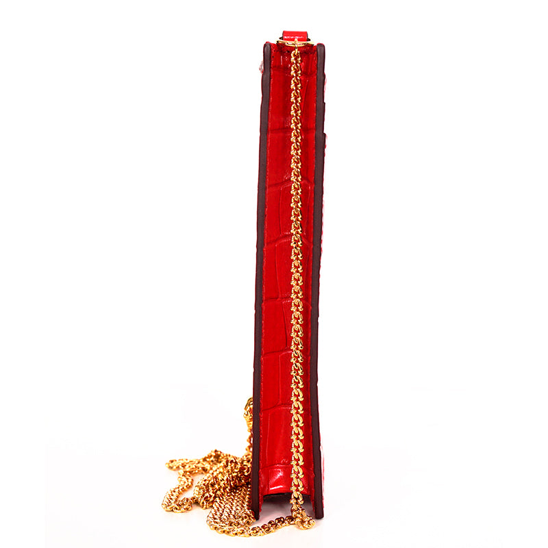 NEW $590 ALEXANDER MCQUEEN Red MINI SKULL Croc Embossed Leather PHONE CASE BAG