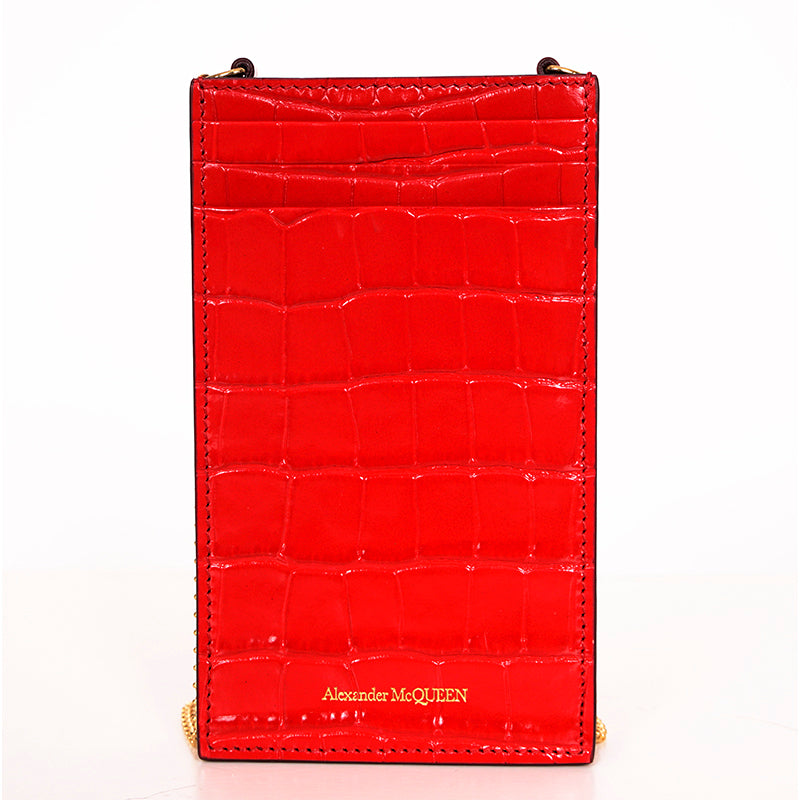 NEW $590 ALEXANDER MCQUEEN Red MINI SKULL Croc Embossed Leather PHONE CASE BAG