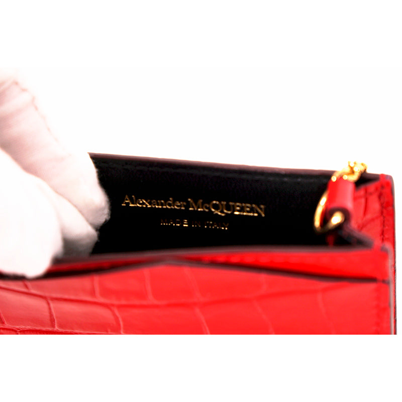NEW $590 ALEXANDER MCQUEEN Red MINI SKULL Croc Embossed Leather PHONE CASE BAG