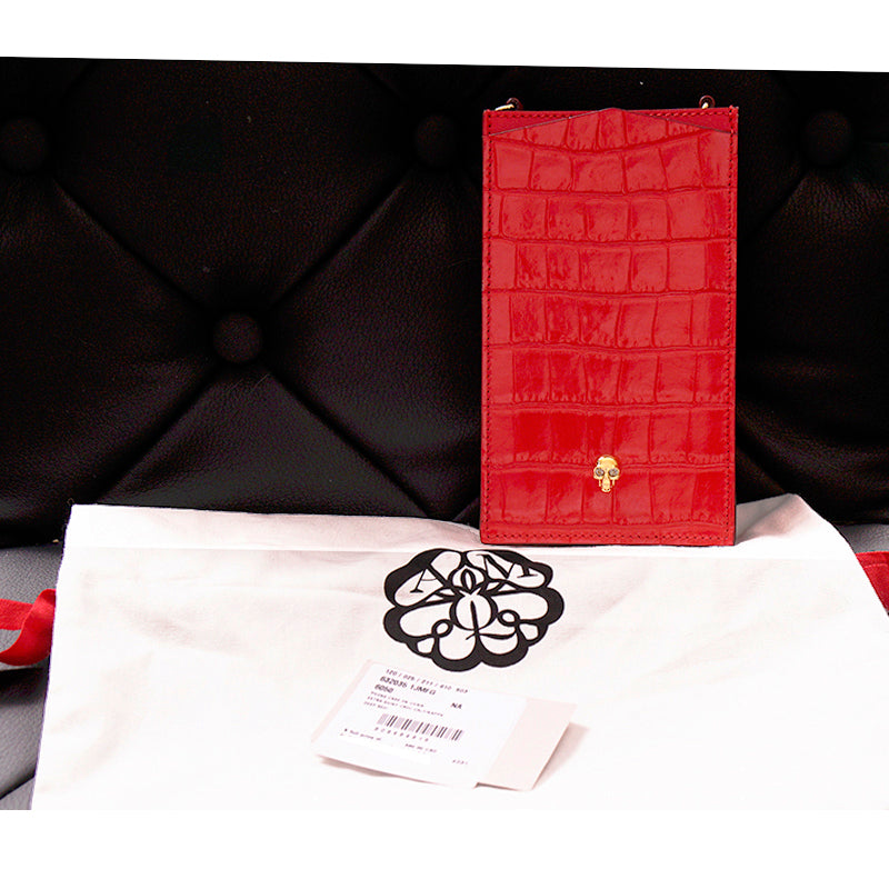 NEW $590 ALEXANDER MCQUEEN Red MINI SKULL Croc Embossed Leather PHONE CASE BAG