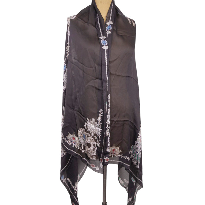 NEW $795 ALEXANDER MCQUEEN Black Gemstone TREASURE SKELETON Silk Chiffon SCARF