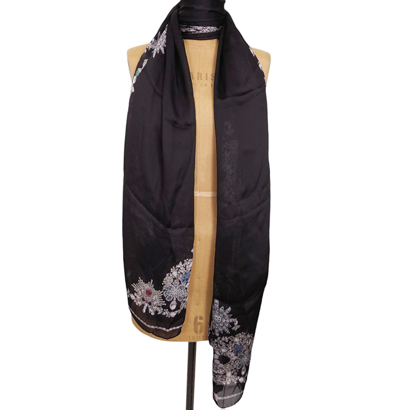 NEW $795 ALEXANDER MCQUEEN Black Gemstone TREASURE SKELETON Silk Chiffon SCARF