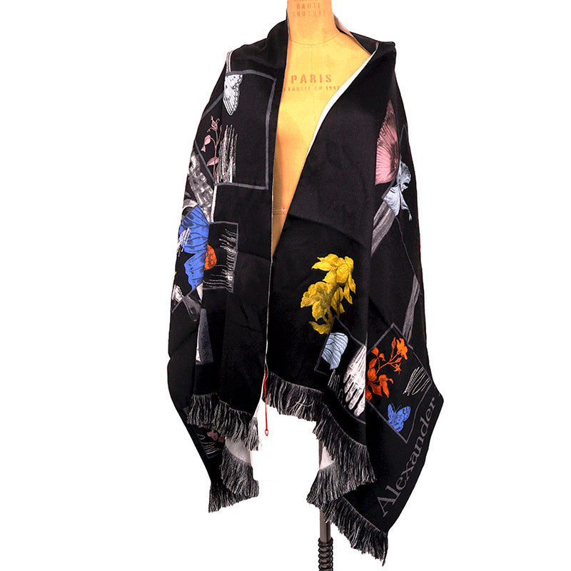 NEW $1080 ALEXANDER MCQUEEN Black BOTANICAL SKELETON Skull BUTTERFLY Wool SCARF