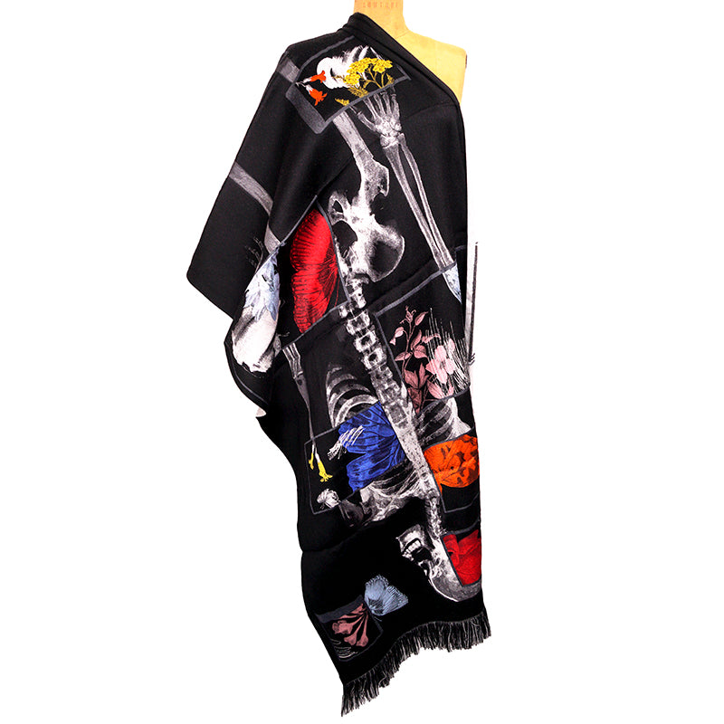NEW $1080 ALEXANDER MCQUEEN Black BOTANICAL SKELETON Skull BUTTERFLY Wool SCARF
