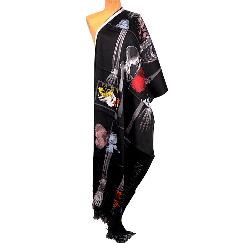 NEW $1080 ALEXANDER MCQUEEN Black BOTANICAL SKELETON Skull BUTTERFLY Wool SCARF