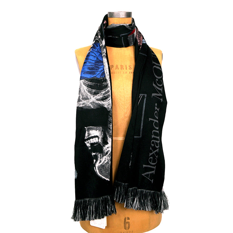 NEW $1080 ALEXANDER MCQUEEN Black BOTANICAL SKELETON Skull BUTTERFLY Wool SCARF