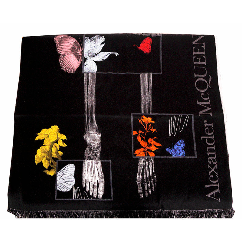 NEW $1080 ALEXANDER MCQUEEN Black BOTANICAL SKELETON Skull BUTTERFLY Wool SCARF