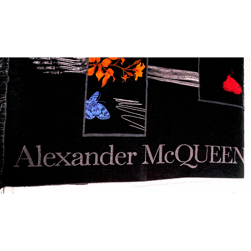 NEW $1080 ALEXANDER MCQUEEN Black BOTANICAL SKELETON Skull BUTTERFLY Wool SCARF