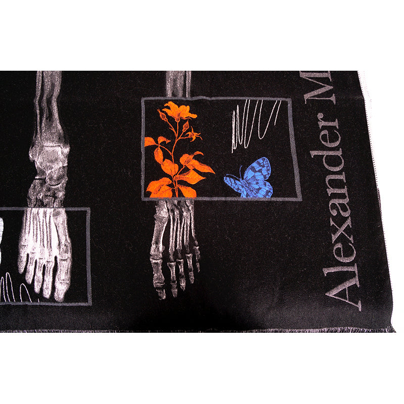 NEW $1080 ALEXANDER MCQUEEN Black BOTANICAL SKELETON Skull BUTTERFLY Wool SCARF