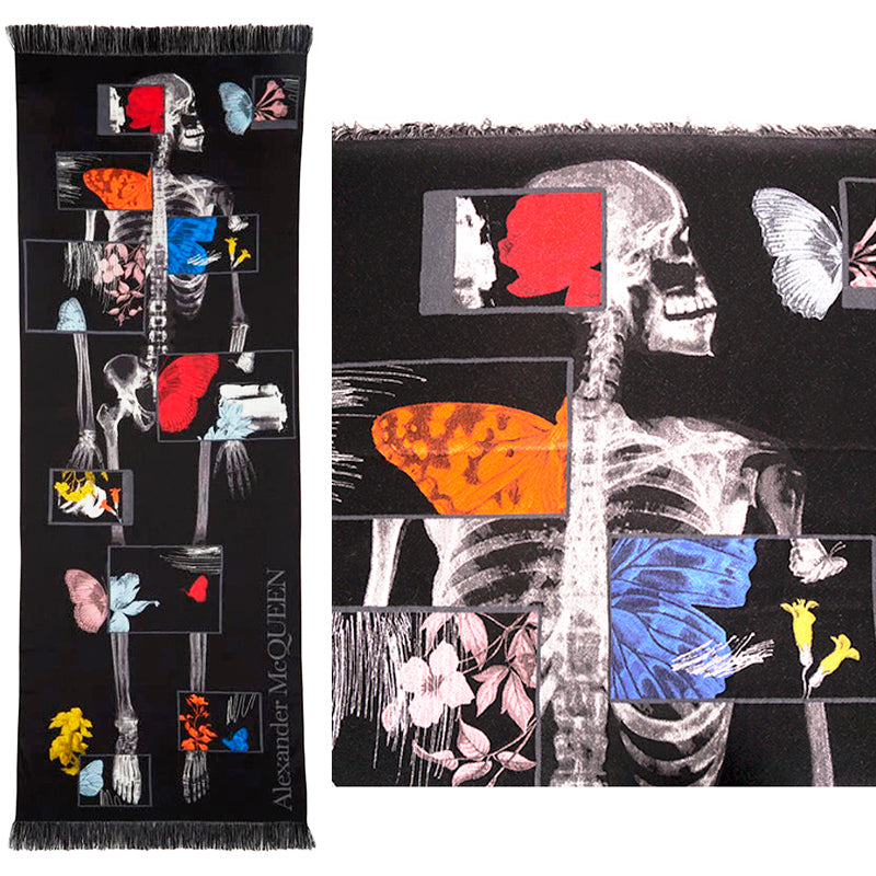 NEW $1080 ALEXANDER MCQUEEN Black BOTANICAL SKELETON Skull BUTTERFLY Wool SCARF