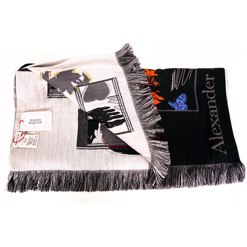 NEW $1080 ALEXANDER MCQUEEN Black BOTANICAL SKELETON Skull BUTTERFLY Wool SCARF