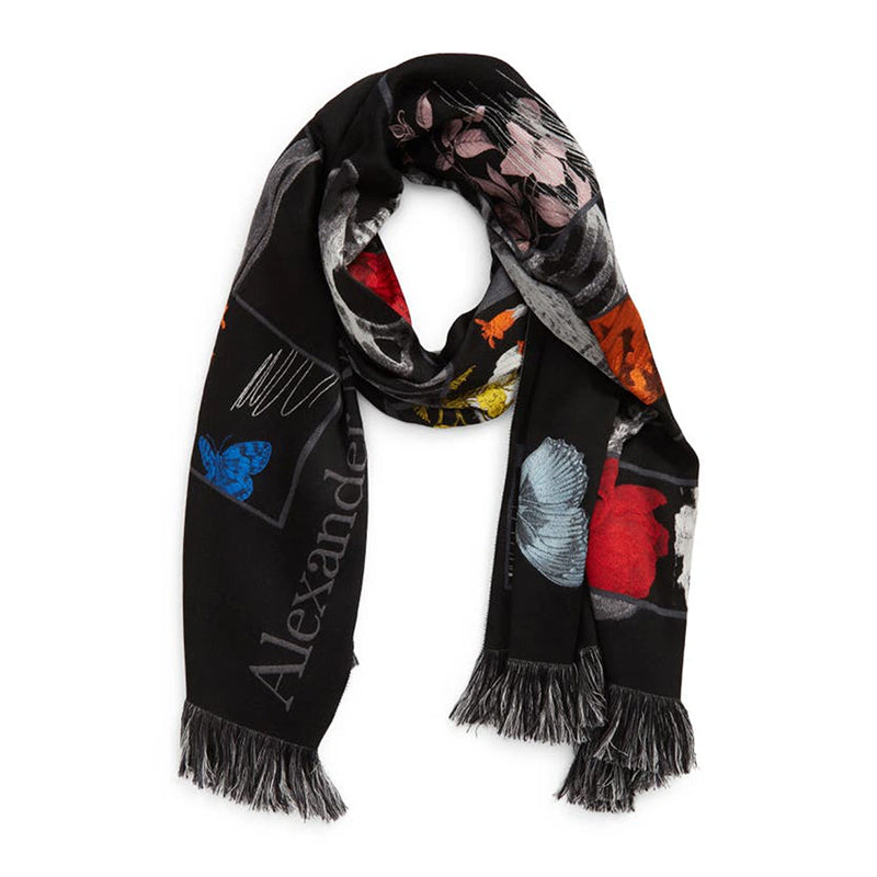 NEW $1080 ALEXANDER MCQUEEN Black BOTANICAL SKELETON Skull BUTTERFLY Wool SCARF
