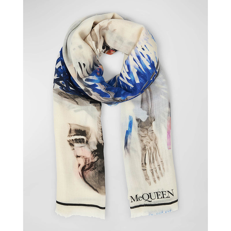 NEW $820 ALEXANDER MCQUEEN Ivory & Blue Wool RAFFIA SKELETON Print Stole SCARF