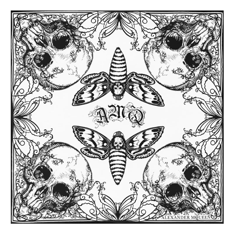 NEW $330 ALEXANDER MCQUEEN White Black Silk MOTH BUTTERFLIES SKULL Bandana SCARF
