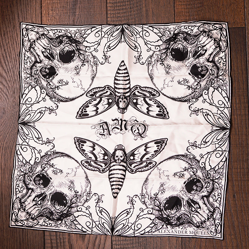 NEW $330 ALEXANDER MCQUEEN White Black Silk MOTH BUTTERFLIES SKULL Bandana SCARF
