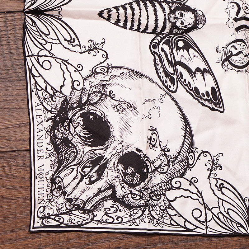 NEW $330 ALEXANDER MCQUEEN White Black Silk MOTH BUTTERFLIES SKULL Bandana SCARF