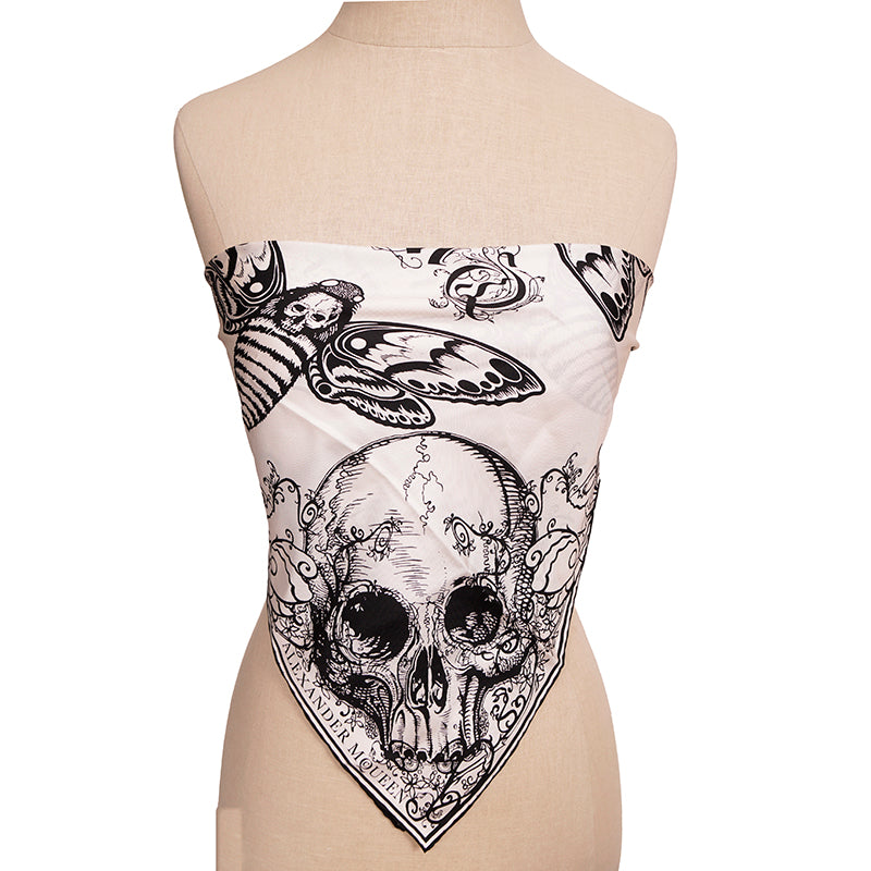 NEW $330 ALEXANDER MCQUEEN White Black Silk MOTH BUTTERFLIES SKULL Bandana SCARF