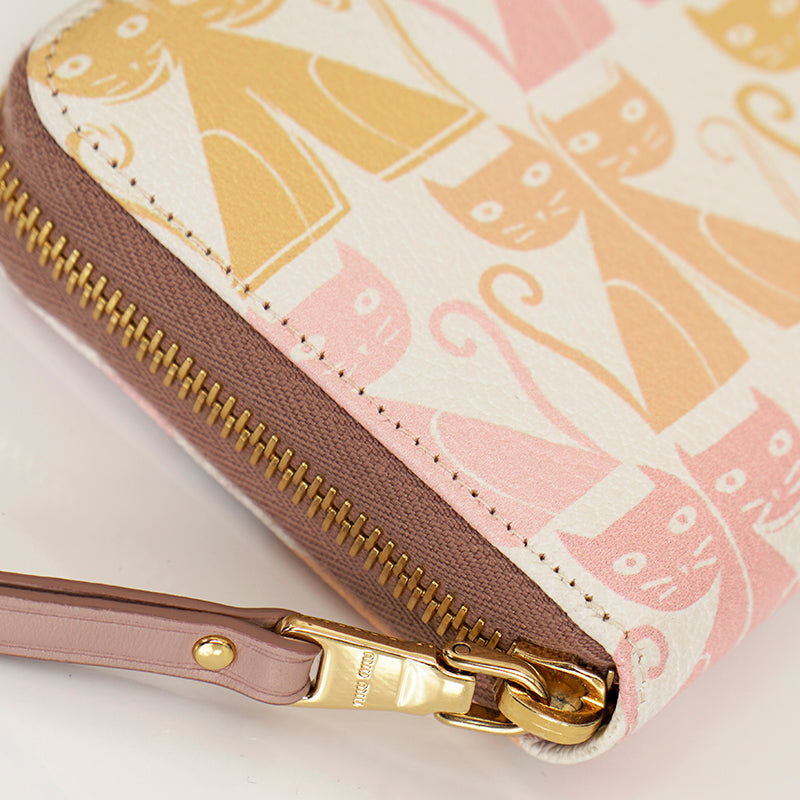 NEW $995 MIU MIU White Leather MADRAS CAT PRINT Zip Around LARGE Clutch WALLET