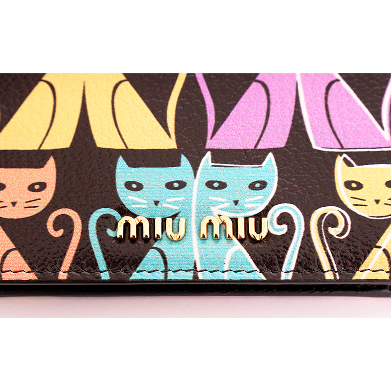 NEW $675 MIU MIU Black Leather MADRAS CAT PRINT Snap Small Bifold Woman's WALLET