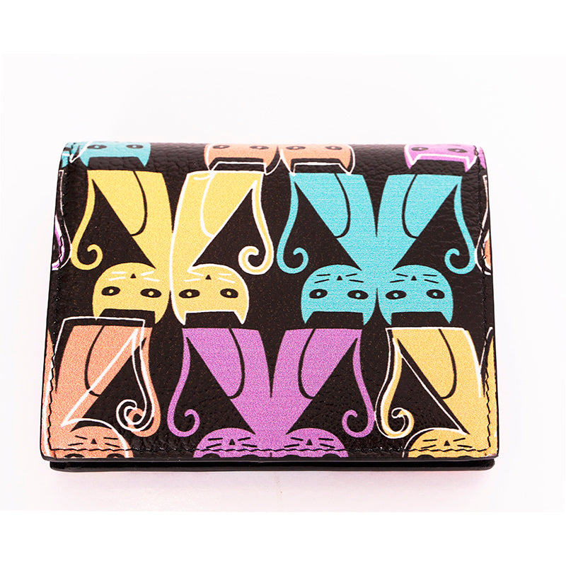 NEW $675 MIU MIU Black Leather MADRAS CAT PRINT Snap Small Bifold Woman's WALLET
