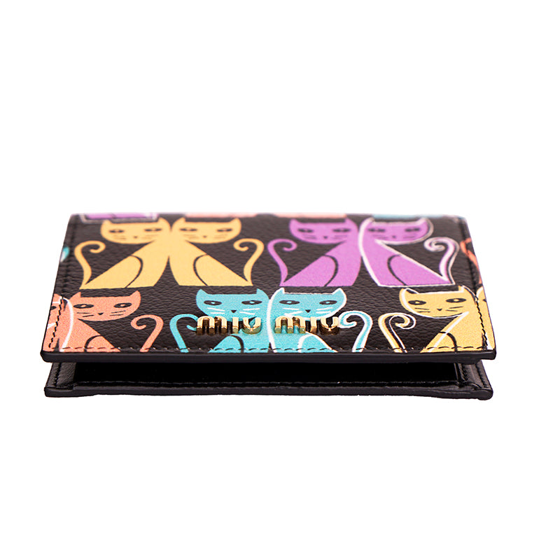 NEW $675 MIU MIU Black Leather MADRAS CAT PRINT Snap Small Bifold Woman's WALLET