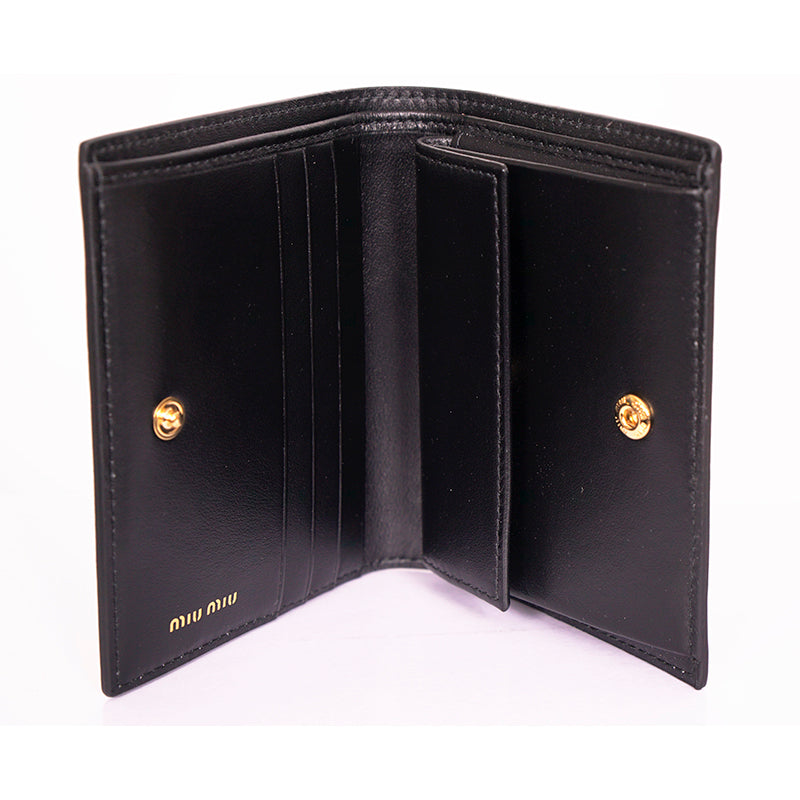 NEW $675 MIU MIU Black Leather MADRAS CAT PRINT Snap Small Bifold Woman's WALLET