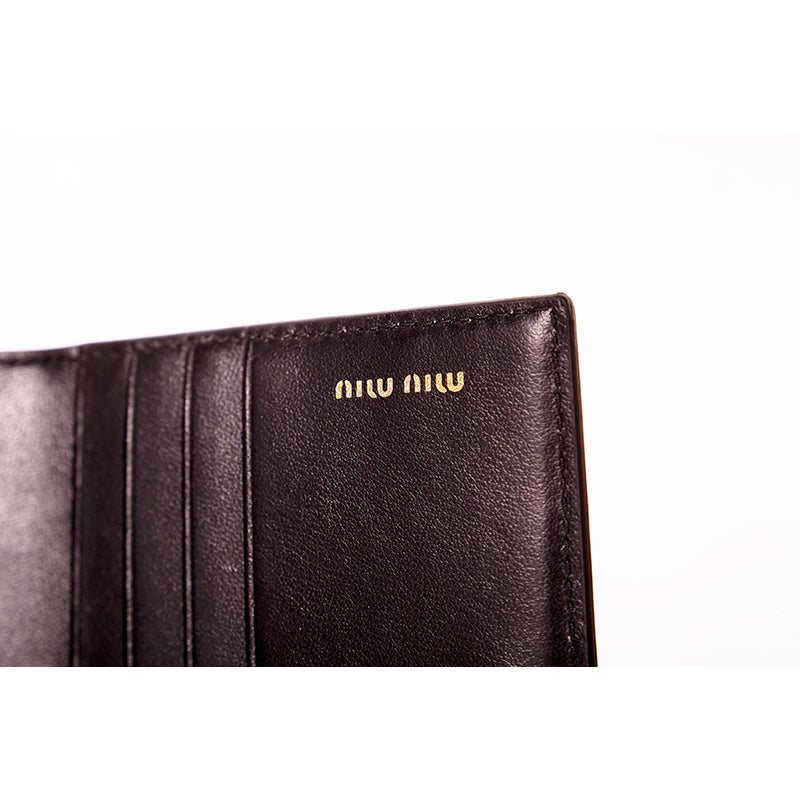 NEW $675 MIU MIU Black Leather MADRAS CAT PRINT Snap Small Bifold Woman's WALLET