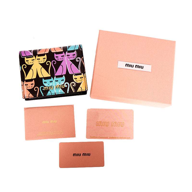 NEW $675 MIU MIU Black Leather MADRAS CAT PRINT Snap Small Bifold Woman's WALLET