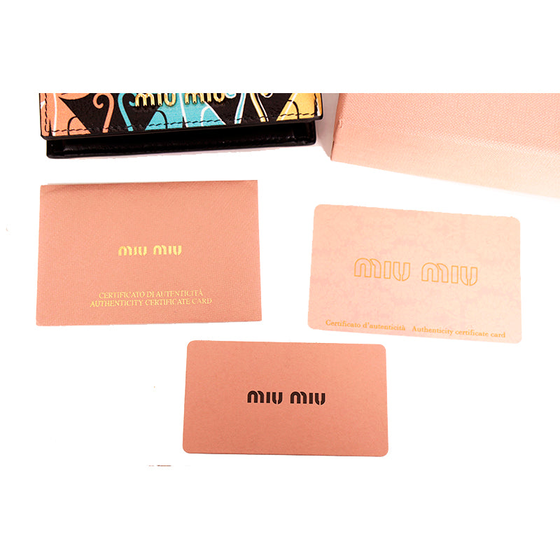 NEW $675 MIU MIU Black Leather MADRAS CAT PRINT Snap Small Bifold Woman's WALLET