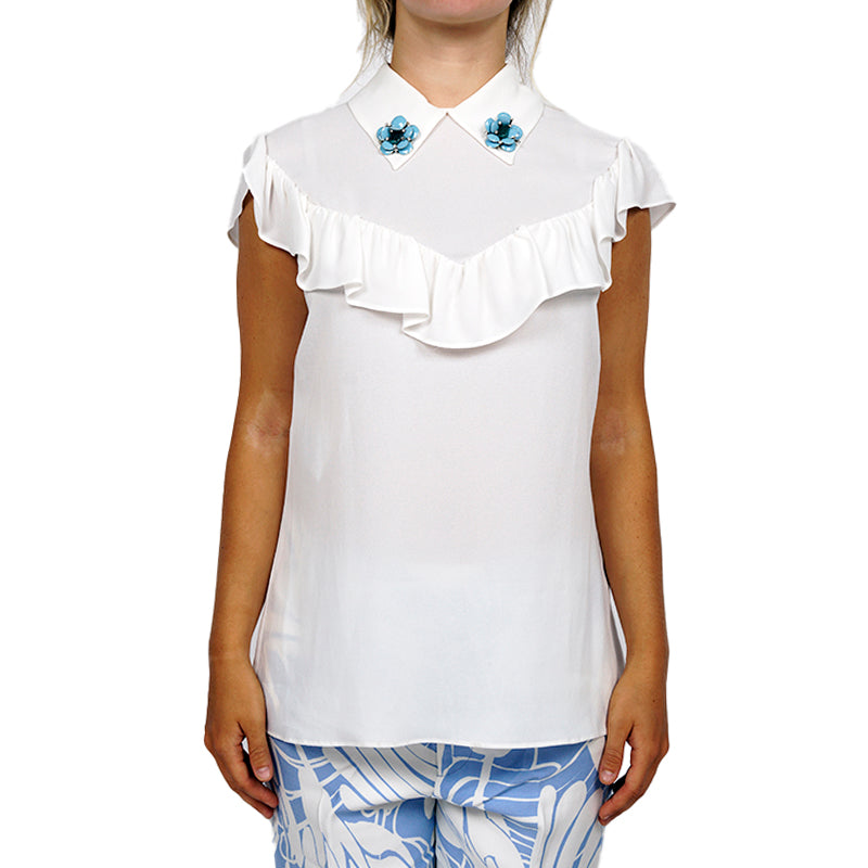NEW $1,170 MIU MIU White Ruffled Bib Flutter Sleeves FLOWER BROOCH COLLAR BLOUSE