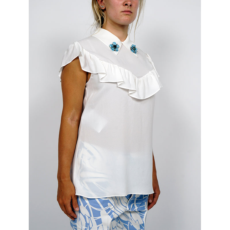 NEW $1,170 MIU MIU White Ruffled Bib Flutter Sleeves FLOWER BROOCH COLLAR BLOUSE