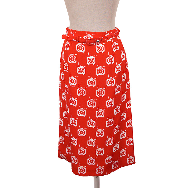 38 US 2 NEW $1,790 MIU MIU Orange RETRO CLOCK PRINT Spring Summer BELTED SKIRT