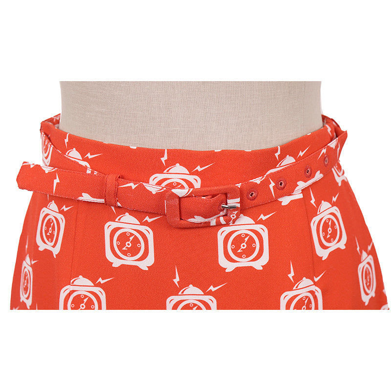 38 US 2 NEW $1,790 MIU MIU Orange RETRO CLOCK PRINT Spring Summer BELTED SKIRT