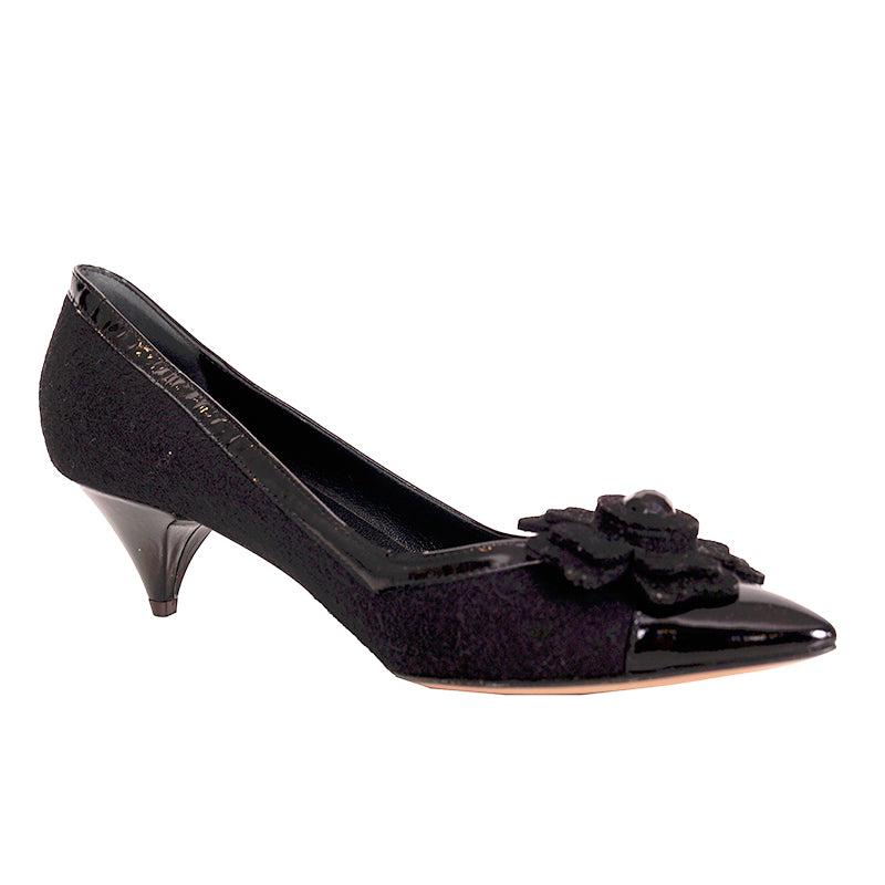 37.5 NEW MOSCHINO CHEAP AND CHIC VINTAGE Black Wool Patent Leather KITTEN HEELS